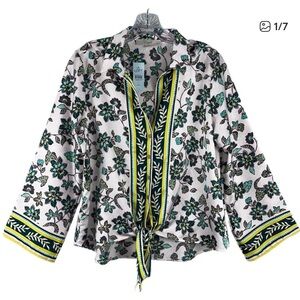 LOFT White Floral Tie-Front Blouse with Green and Yellow Trim